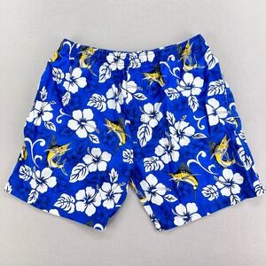 VTG Floral Boardshorts‎ Mens Large Blue Sturgeon Hawaiian Swim Trunks USA 90s